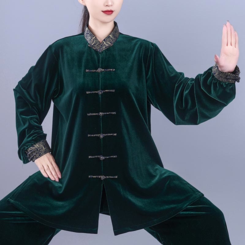Conjunto de 2 piezas de ropa de meditación unisex de terciopelo con Buddha Stones de rana y cuello alto con nubes auspiciosas de Tai Chi y Qigong para otoño e invierno - image 16