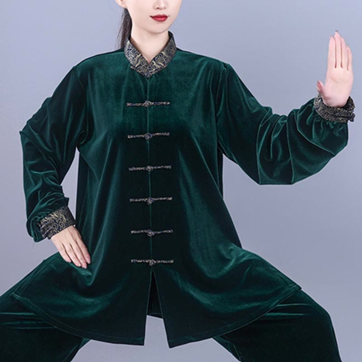 Conjunto de 2 piezas de ropa de meditación unisex de terciopelo con Buddha Stones de rana y cuello alto con nubes auspiciosas de Tai Chi y Qigong para otoño e invierno - image 16
