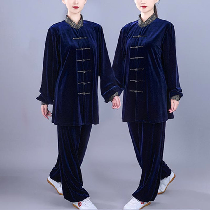 Conjunto de 2 piezas de ropa de meditación unisex de terciopelo con Buddha Stones de rana y cuello alto con nubes auspiciosas de Tai Chi y Qigong para otoño e invierno - image 13