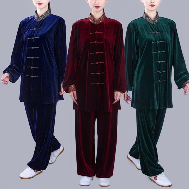 Conjunto de 2 piezas de ropa de meditación unisex de terciopelo con Buddha Stones de rana y cuello alto con nubes auspiciosas de Tai Chi y Qigong para otoño e invierno - image 1
