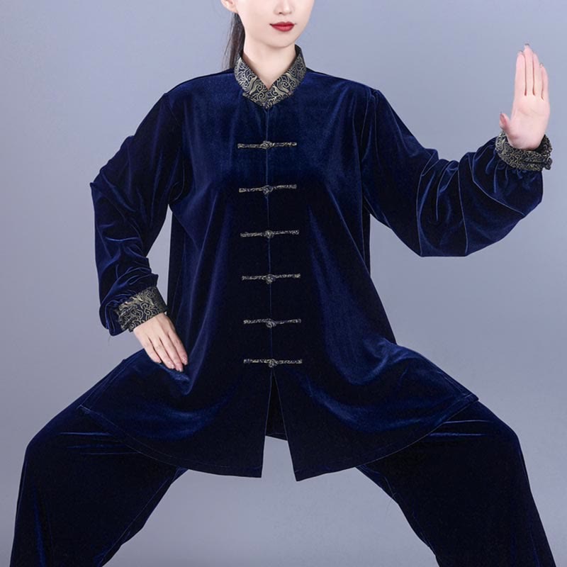 Conjunto de 2 piezas de ropa de meditación unisex de terciopelo con Buddha Stones de rana y cuello alto con nubes auspiciosas de Tai Chi y Qigong para otoño e invierno - image 12