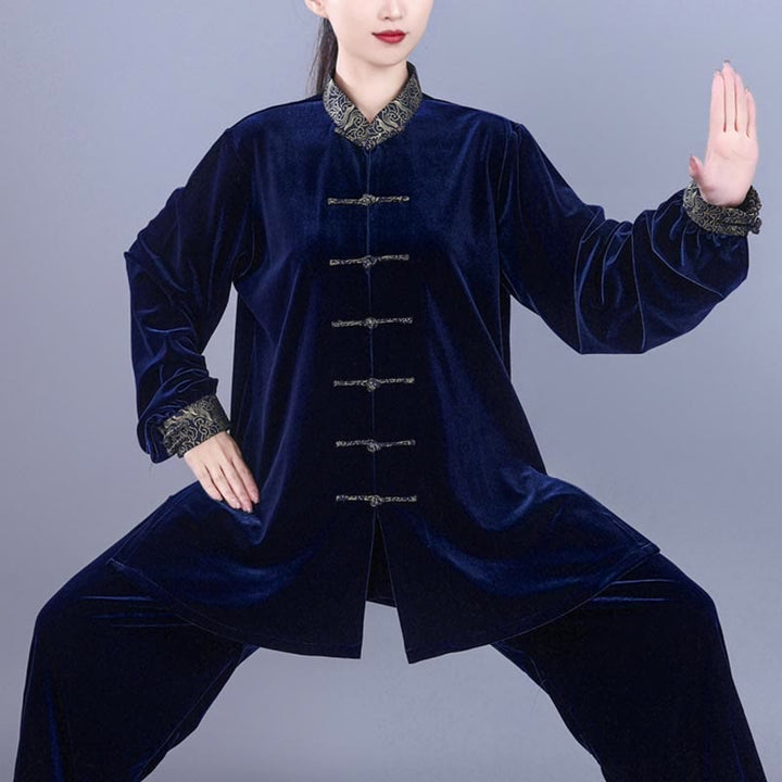 Conjunto de 2 piezas de ropa de meditación unisex de terciopelo con Buddha Stones de rana y cuello alto con nubes auspiciosas de Tai Chi y Qigong para otoño e invierno - image 12