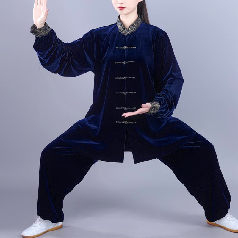 Conjunto de 2 piezas de ropa de meditación unisex de terciopelo con Buddha Stones de rana y cuello alto con nubes auspiciosas de Tai Chi y Qigong para otoño e invierno - Azul medianoche - 3XL- APTO PARA US . UK/ AU/UE - XL - image 11