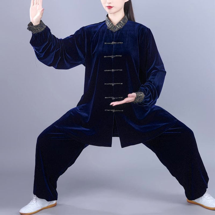 Conjunto de 2 piezas de ropa de meditación unisex de terciopelo con Buddha Stones de rana y cuello alto con nubes auspiciosas de Tai Chi y Qigong para otoño e invierno - Azul medianoche - 3XL- APTO PARA US . UK/ AU/UE - XL - image 11