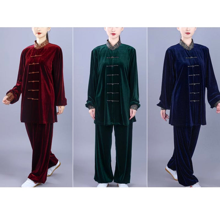 Conjunto de 2 piezas de ropa de meditación unisex de terciopelo con Buddha Stones de rana y cuello alto con nubes auspiciosas de Tai Chi y Qigong para otoño e invierno - image 22