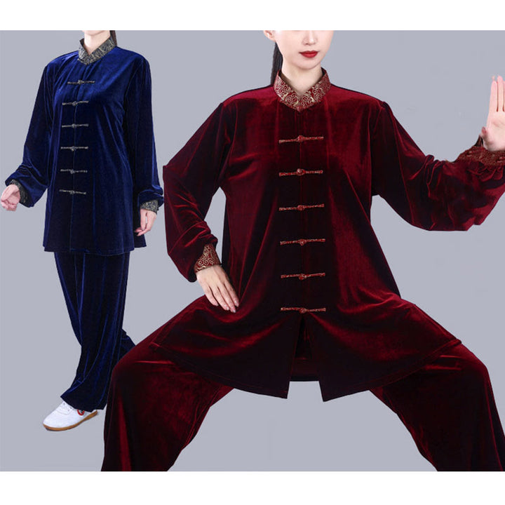 Conjunto de 2 piezas de ropa de meditación unisex de terciopelo con Buddha Stones de rana y cuello alto con nubes auspiciosas de Tai Chi y Qigong para otoño e invierno - image 20