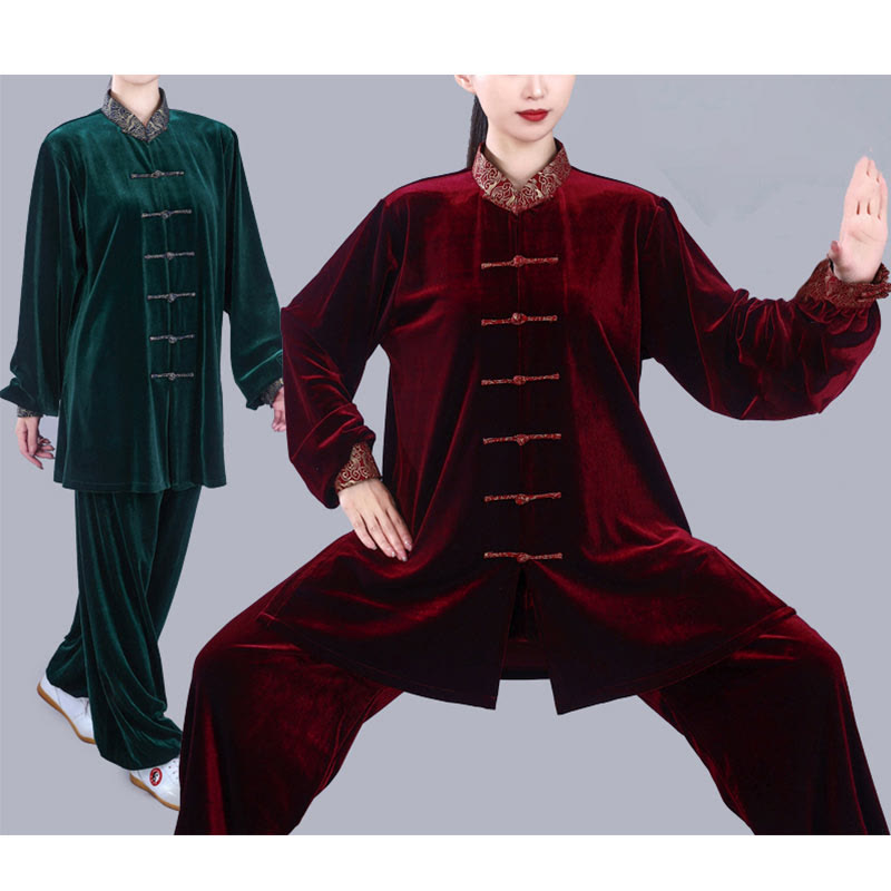 Conjunto de 2 piezas de ropa de meditación unisex de terciopelo con Buddha Stones de rana y cuello alto con nubes auspiciosas de Tai Chi y Qigong para otoño e invierno - image 19