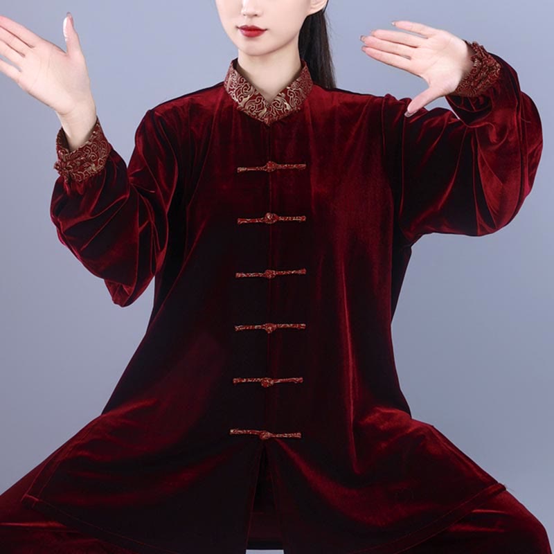 Conjunto de 2 piezas de ropa de meditación unisex de terciopelo con Buddha Stones de rana y cuello alto con nubes auspiciosas de Tai Chi y Qigong para otoño e invierno - image 2