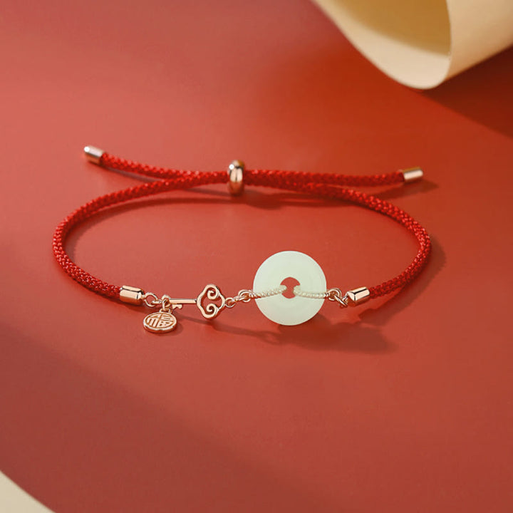 Pulsera de protección de la suerte con carácter Fu de hilo rojo de plata de ley 925 con hebilla de paz de jade hetiano natural y Buddha Stones