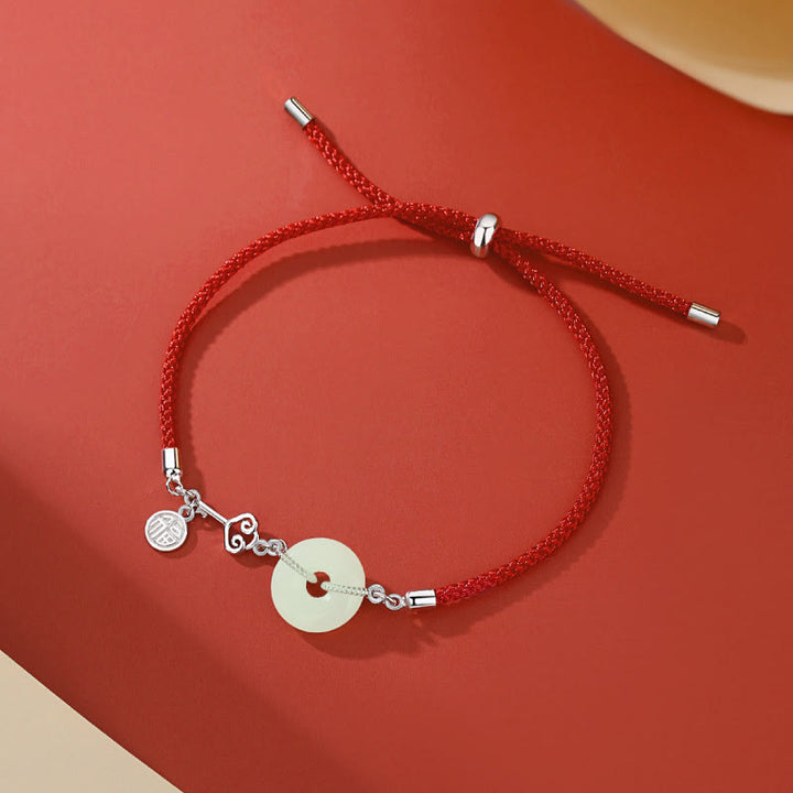 Pulsera de protección de la suerte con carácter Fu de hilo rojo de plata de ley 925 con hebilla de paz de jade hetiano natural y Buddha Stones