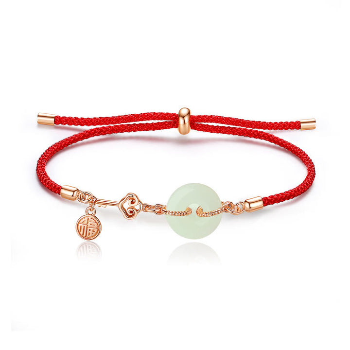 Pulsera de protección de la suerte con carácter Fu de hilo rojo de plata de ley 925 con hebilla de paz de jade hetiano natural y Buddha Stones