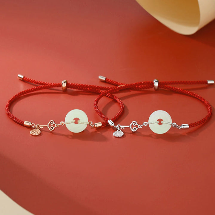 Pulsera de protección de la suerte con carácter Fu de hilo rojo de plata de ley 925 con hebilla de paz de jade hetiano natural y Buddha Stones