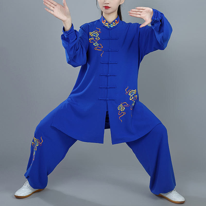 Conjunto de ropa unisex de algodón con Buddha Stones, 2 piezas, nubes auspiciosas de colores otoñales, meditación de Tai Chi, Qigong y Zen