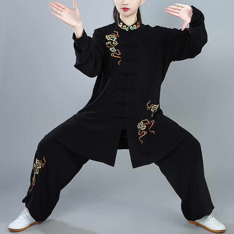 Conjunto de ropa unisex de algodón con Buddha Stones, 2 piezas, nubes auspiciosas de colores otoñales, meditación de Tai Chi, Qigong y Zen