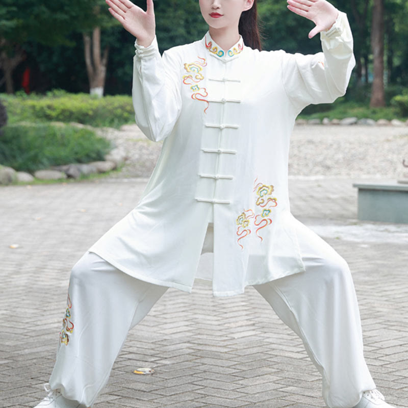 Conjunto de ropa unisex de algodón con Buddha Stones, 2 piezas, nubes auspiciosas de colores otoñales, meditación de Tai Chi, Qigong y Zen