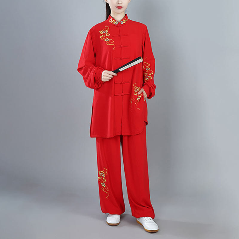 Conjunto de ropa unisex de algodón con Buddha Stones, 2 piezas, nubes auspiciosas de colores otoñales, meditación de Tai Chi, Qigong y Zen