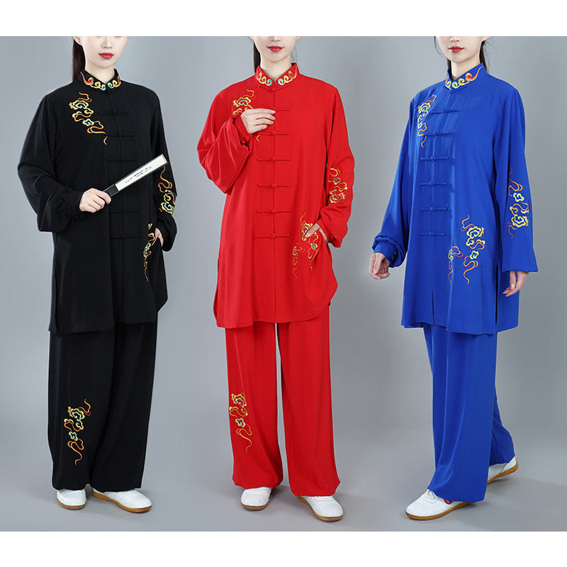 Conjunto de ropa unisex de algodón con Buddha Stones, 2 piezas, nubes auspiciosas de colores otoñales, meditación de Tai Chi, Qigong y Zen