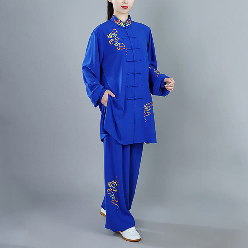 Conjunto de ropa unisex de algodón con Buddha Stones, 2 piezas, nubes auspiciosas de colores otoñales, meditación de Tai Chi, Qigong y Zen