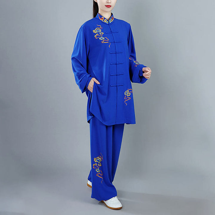 Conjunto de ropa unisex de algodón con Buddha Stones, 2 piezas, nubes auspiciosas de colores otoñales, meditación de Tai Chi, Qigong y Zen