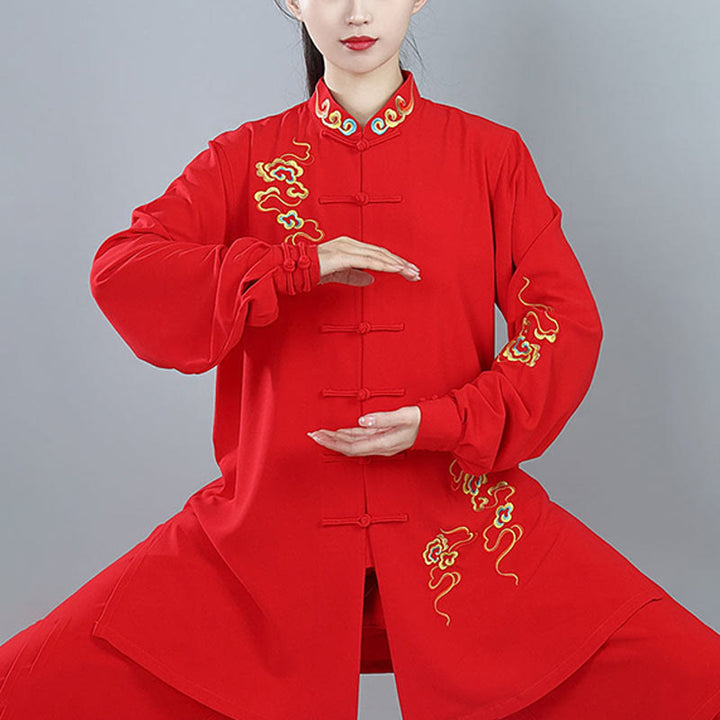 Conjunto de ropa unisex de algodón con Buddha Stones, 2 piezas, nubes auspiciosas de colores otoñales, meditación de Tai Chi, Qigong y Zen