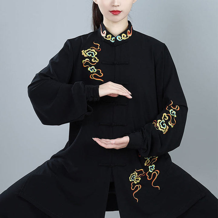 Conjunto de ropa unisex de algodón con Buddha Stones, 2 piezas, nubes auspiciosas de colores otoñales, meditación de Tai Chi, Qigong y Zen