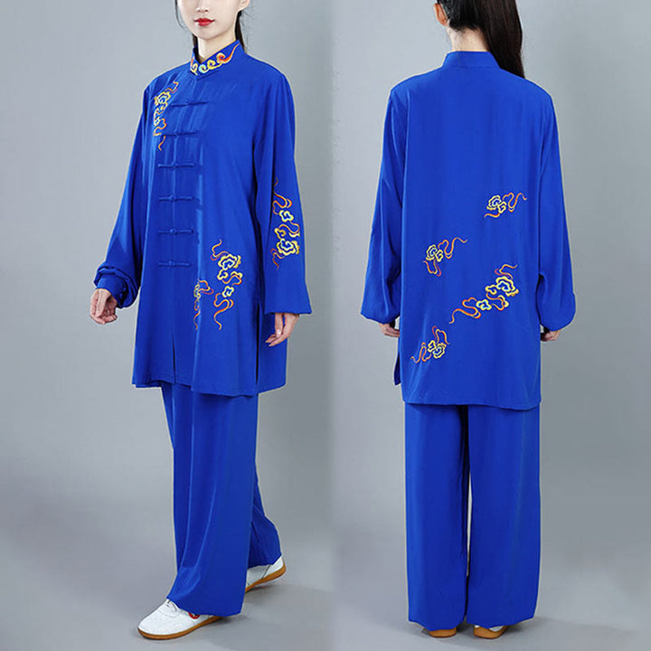 Conjunto de ropa unisex de algodón con Buddha Stones, 2 piezas, nubes auspiciosas de colores otoñales, meditación de Tai Chi, Qigong y Zen