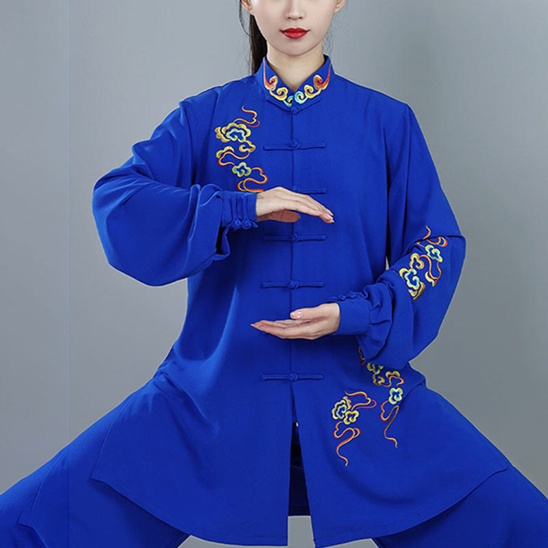 Conjunto de ropa unisex de algodón con Buddha Stones, 2 piezas, nubes auspiciosas de colores otoñales, meditación de Tai Chi, Qigong y Zen