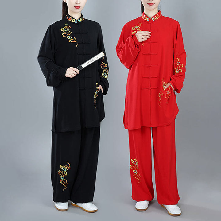Conjunto de ropa unisex de algodón con Buddha Stones, 2 piezas, nubes auspiciosas de colores otoñales, meditación de Tai Chi, Qigong y Zen