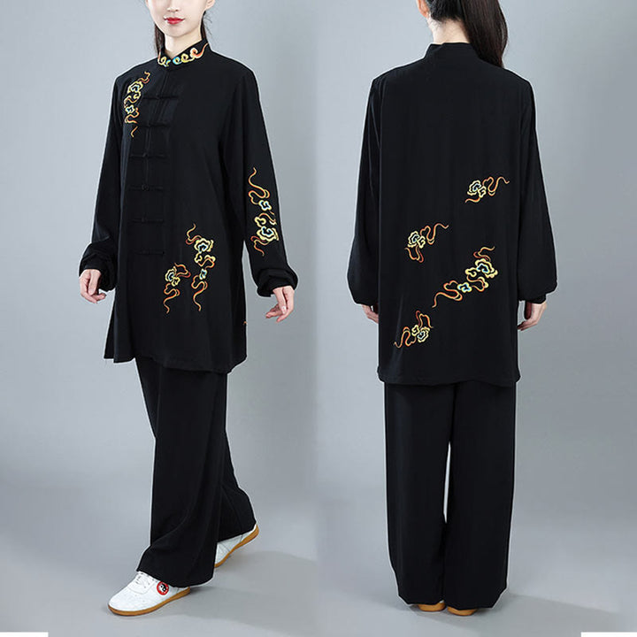 Conjunto de ropa unisex de algodón con Buddha Stones, 2 piezas, nubes auspiciosas de colores otoñales, meditación de Tai Chi, Qigong y Zen