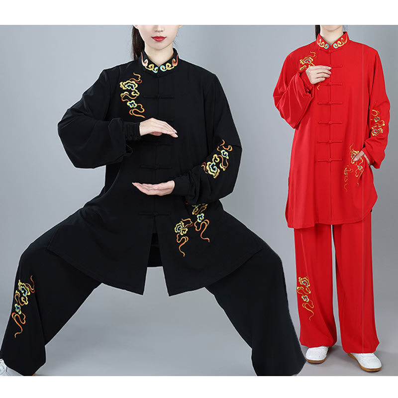 Conjunto de ropa unisex de algodón con Buddha Stones, 2 piezas, nubes auspiciosas de colores otoñales, meditación de Tai Chi, Qigong y Zen