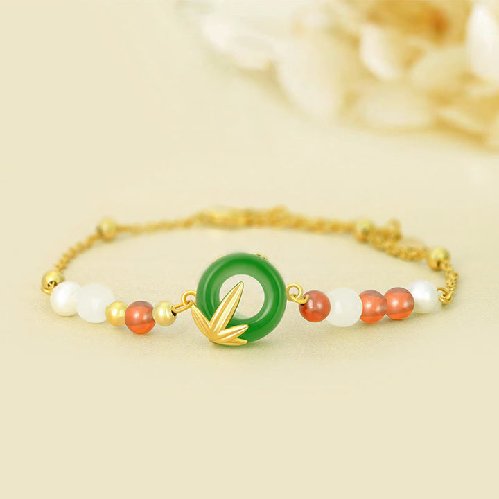 Pulsera de plata de ley 925 con Buddha Stones , calcedonia verde, hebilla de paz y bambú