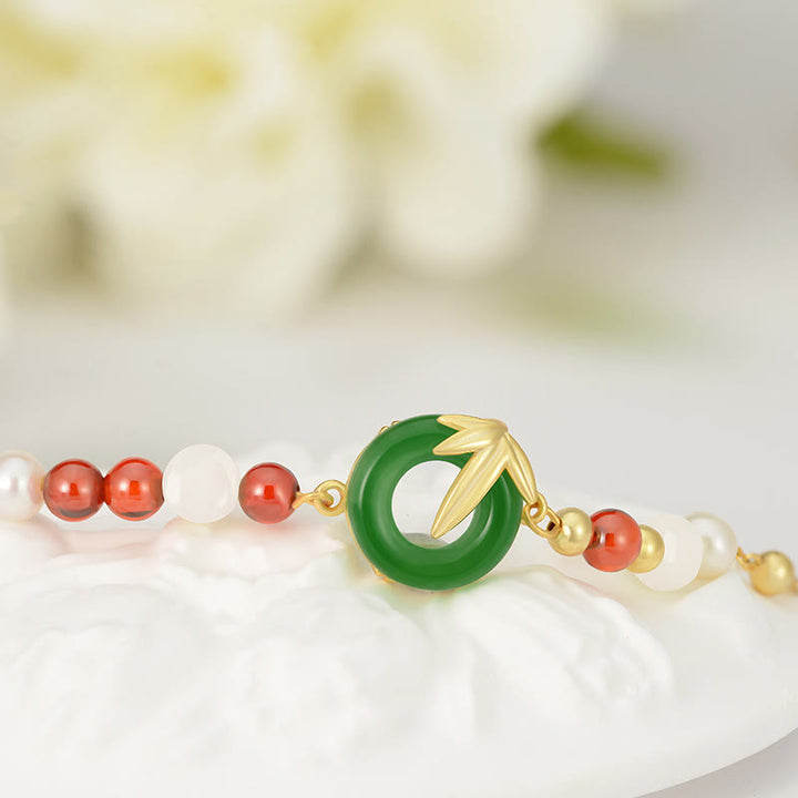 Pulsera de plata de ley 925 con Buddha Stones , calcedonia verde, hebilla de paz y bambú