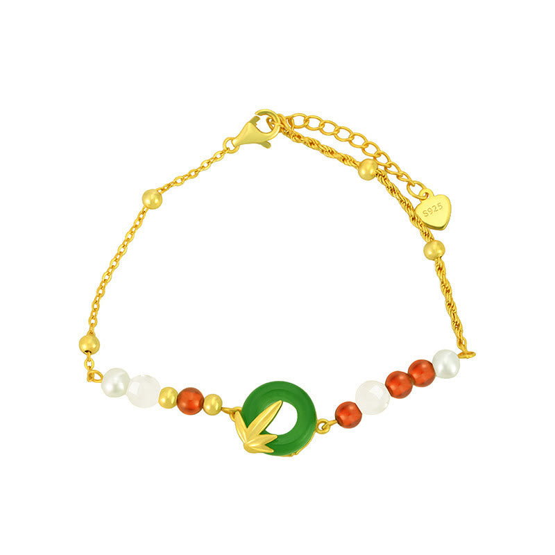 Pulsera de plata de ley 925 con Buddha Stones , calcedonia verde, hebilla de paz y bambú