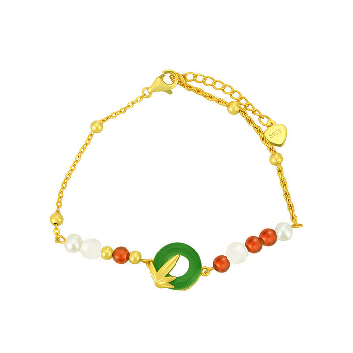 Pulsera de plata de ley 925 con Buddha Stones , calcedonia verde, hebilla de paz y bambú