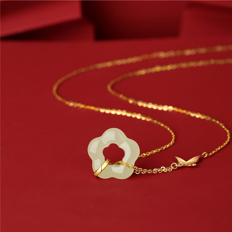 Collar con colgante de plata de ley 925 con Buddha Stones y flor de jade hetiano y mariposa