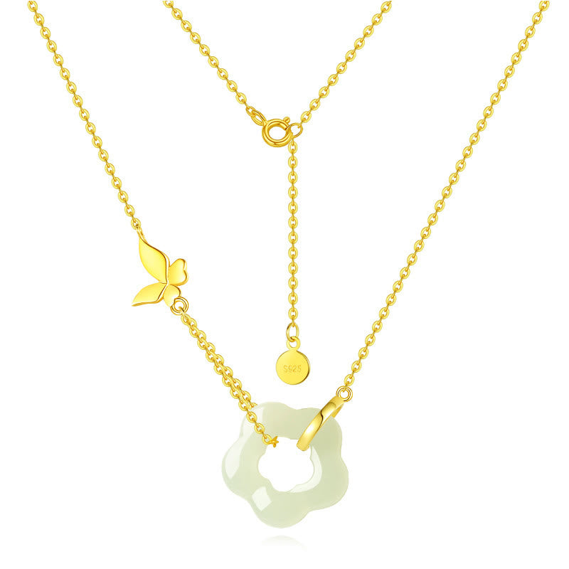 Collar con colgante de plata de ley 925 con Buddha Stones y flor de jade hetiano y mariposa