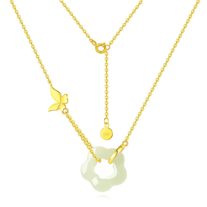 Collar con colgante de plata de ley 925 con Buddha Stones y flor de jade hetiano y mariposa