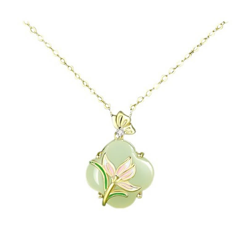 Buddha Stones 925 con diseño de mariposa magnolia y trébol de cuatro hojas de jade hetiano
