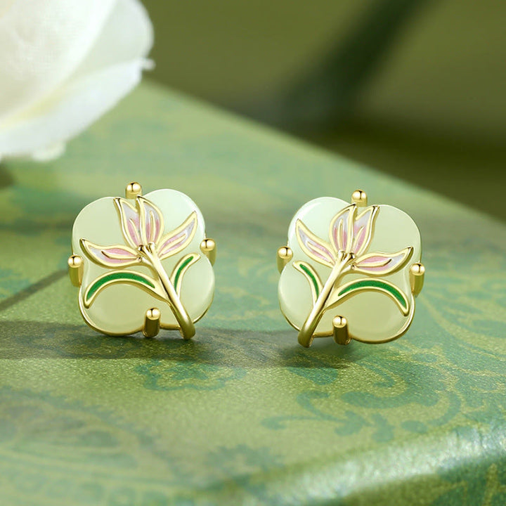 Buddha Stones 925 con diseño de mariposa magnolia y trébol de cuatro hojas de jade hetiano