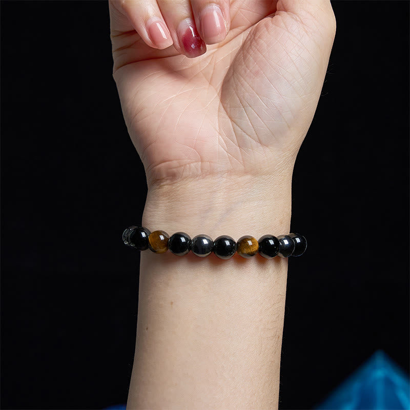 Pulsera de Buddha Stones natural de ojo de tigre, obsidiana y hematita con efecto positivo y potente