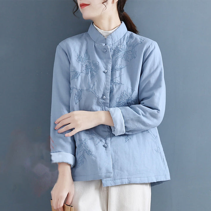 Camisa térmica de manga larga de algodón y lino para mujer con diseño de flores retro y Buddha Stones - Azul cielo claro - US8-10，UK/AU12-14，EU40-42 (2XL) - image 0