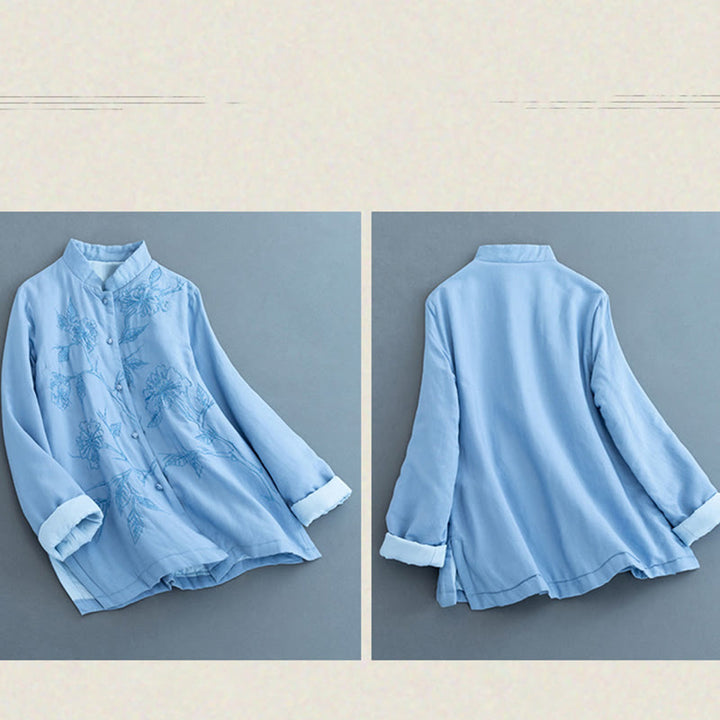 Camisa térmica de manga larga de algodón y lino para mujer con diseño de flores retro y Buddha Stones - image 5