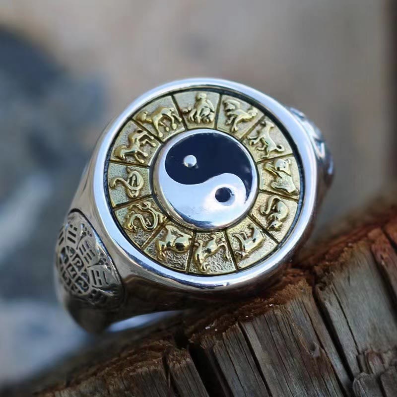 Anillo ajustable de cobre con Buddha Stones y Yin Yang del zodiaco chino