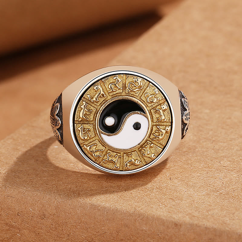 Anillo ajustable de cobre con Buddha Stones y Yin Yang del zodiaco chino