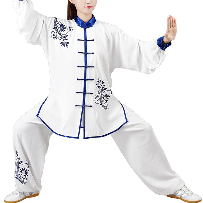 Conjunto de 2 piezas de ropa unisex de algodón con diseño de Buddha Stones y flores bordadas en azul otoñal para meditación, tai chi, qigong y práctica zen