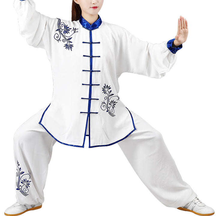 Conjunto de 2 piezas de ropa unisex de algodón con diseño de Buddha Stones y flores bordadas en azul otoñal para meditación, tai chi, qigong y práctica zen