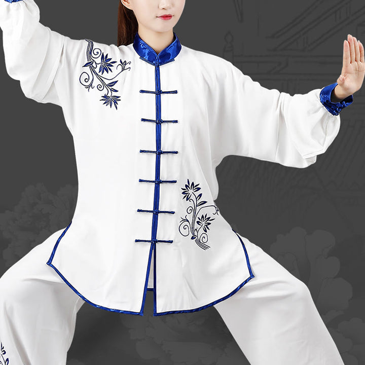 Conjunto de 2 piezas de ropa unisex de algodón con diseño de Buddha Stones y flores bordadas en azul otoñal para meditación, tai chi, qigong y práctica zen