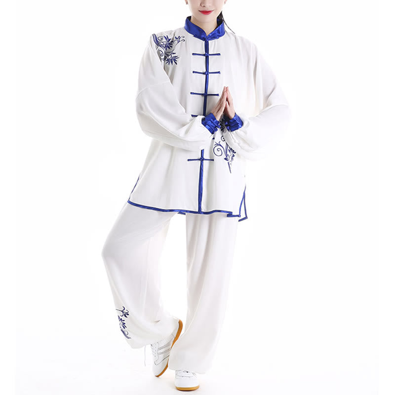 Conjunto de 2 piezas de ropa unisex de algodón con diseño de Buddha Stones y flores bordadas en azul otoñal para meditación, tai chi, qigong y práctica zen