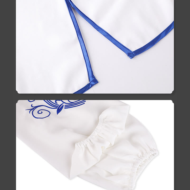 Conjunto de 2 piezas de ropa unisex de algodón con diseño de Buddha Stones y flores bordadas en azul otoñal para meditación, tai chi, qigong y práctica zen