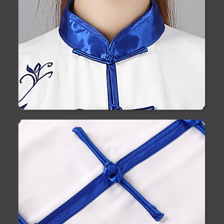 Conjunto de 2 piezas de ropa unisex de algodón con diseño de Buddha Stones y flores bordadas en azul otoñal para meditación, tai chi, qigong y práctica zen